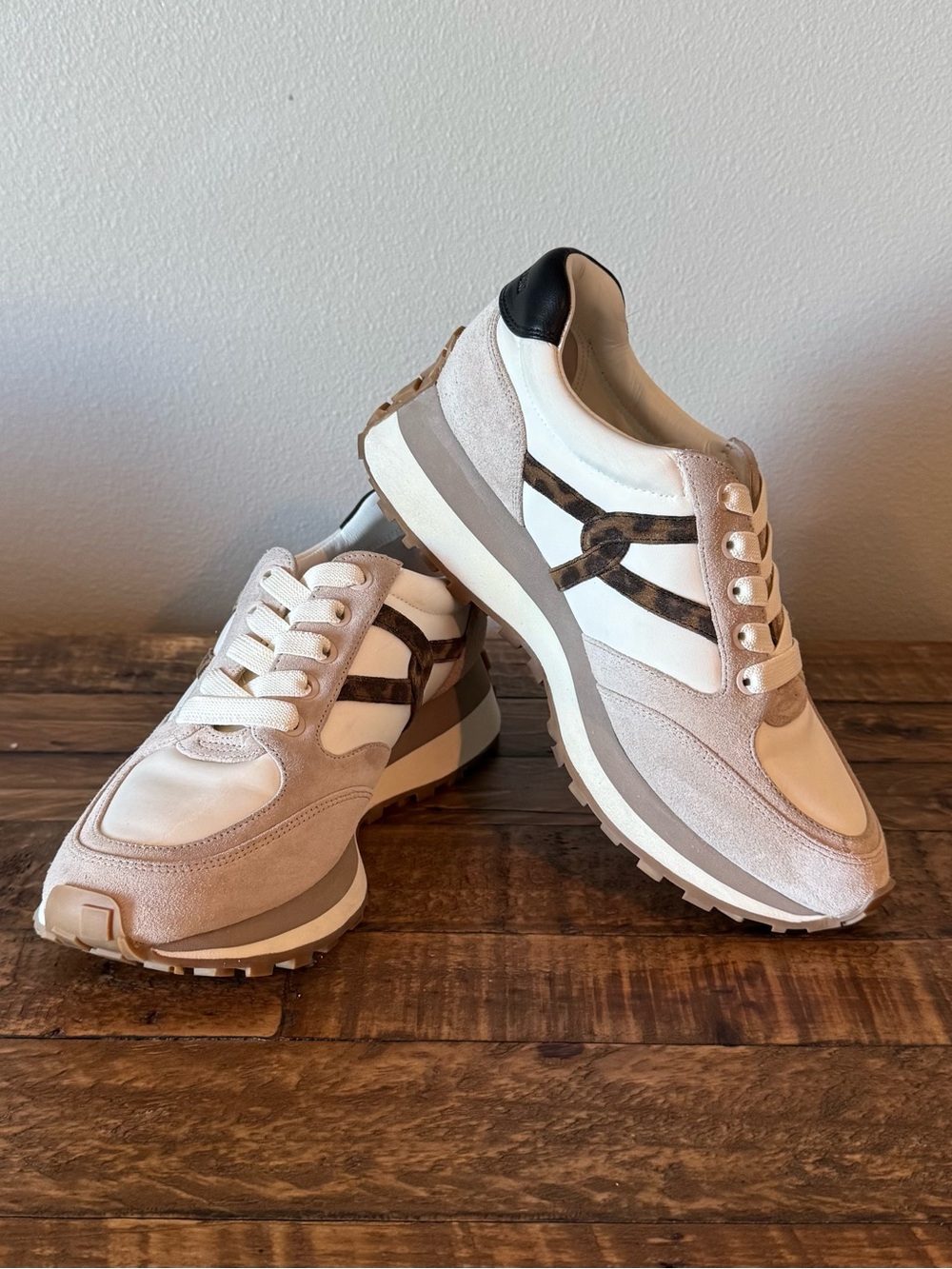 Veronica Beard Valentina Beige, White & Brown Suede Leopard-Accent Sneakers